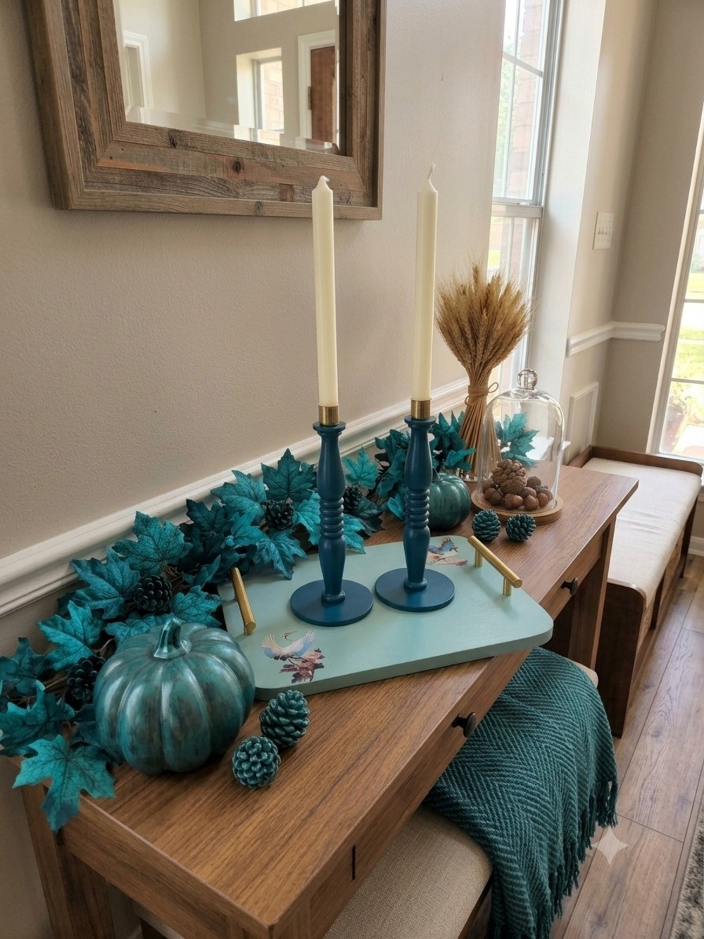 Set of 2 Deep Teal Blue Wood Taper Candle Holders Gold Metal Cups 11in Tall